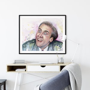 May include: Watercolor painting of a man with a surprised expression. The man has brown hair and is wearing a green jacket. The background is a pink and yellow watercolor wash.