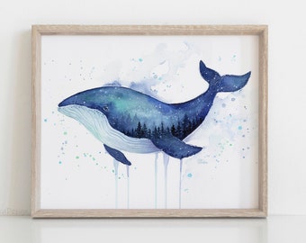 Galaxy Whale Watercolor, Humpback Whale Painting, Blue Whale, Whale Art Print, Whale Print, Nursery Whale Art, Galaxy Art, Celestial Art