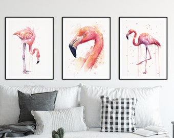 Flamingo aquarelkunst, flamingo kunstafdrukset, flamingodecor, roze flamingo, tropisch decor, flamingoportret, set van 3 flamingoafdrukken