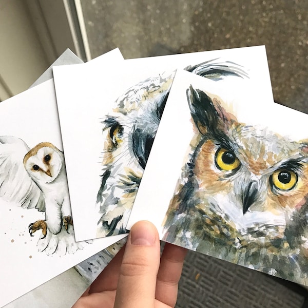 Cartes postales Hiboux, Ensemble de cartes postales, Cartes postales pour enfants, Cartes Hibou, Aquarelle Hibou, Grand-duc d’Amérique, Cartes Aquarelle d’animaux - 4pc