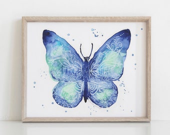 Blue Butterfly Watercolor with Floral Decorations, Butterfly Print, Butterfly Painting, Butterfly Art Print, Floral Butterfly, Butterflies