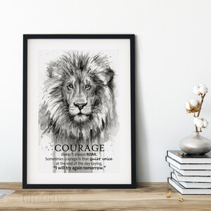 Lew Sztuka Wydruk, Cytat Odwagi, Lew Malowanie, Lew Akwarela, Odważny Lew, Lew Odwaga, Sztuka Motywacyjna, Inspirujące Powiedzenie, Sztuka Giclee
