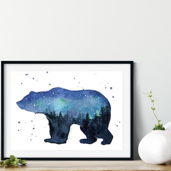 Forest Bear Print, Bear Silhouette, Bear Wall Art, Galaxy Wall Art, Ursa, Constellation, Celestial, Watercolor Print, Nursery Print