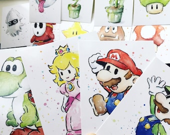 Postcards, Mario Cards, Game Art, Postcard Set, Video Game Art, Geek Cards, Mario Characters, Watercolor Mario, Mario Gifts, Set of 13