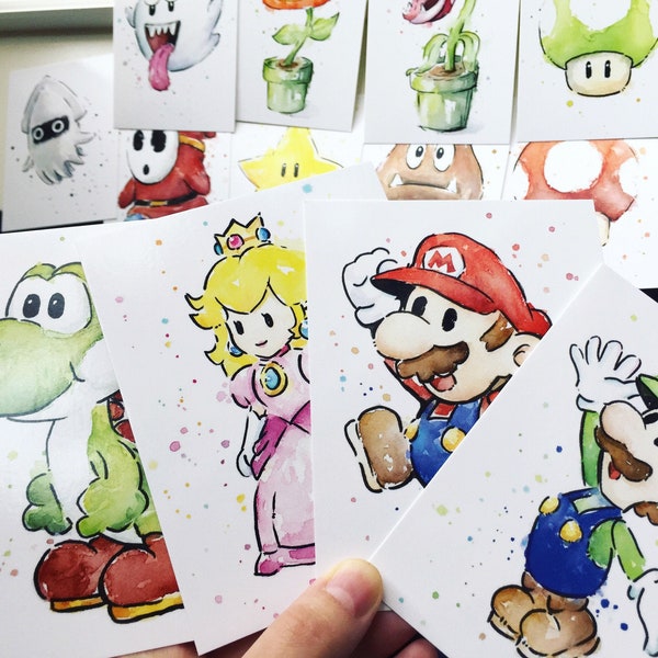 Postales, Cartas de Mario, Arte de juego, Juego de postales, Arte de videojuegos, Cartas Geek, Personajes de Mario, Acuarela Mario, Regalos de Mario, Conjunto de 13