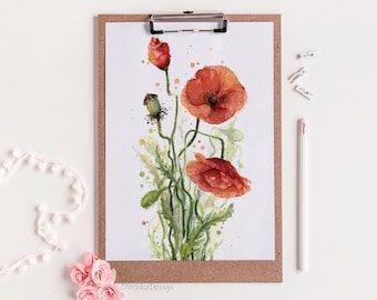 Poppy Wall Art, Poppy Watercolor, Poppy Art, Poppy Art Print, Red Poppy Flower Watercolor Painting, Giclee Art Print, Floral Print,