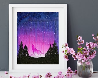 Wolf Howling, Watercolor Wolf in Forest, Pink Wolf Winter Art Print, Galaxy Forest Painting, Wolf Art Print, Wolf Gift, Wolf Painting