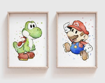 マリオとヨッシーの水彩画アートプリントセット、ビデオゲームアート