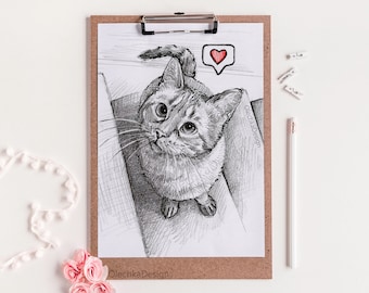 Cute Cat Drawing Art Print, Funny Cat Lover Gift
