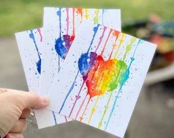 Watercolor Rainbow Heart Postcards, Colorful Art Cards