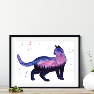 Cat Lover Gift, Cat Wall Art, Galaxy Print, Cat Art Print, Space Cat, Night Sky, Cat Silhouette, Stars Landscape, Galaxy Watercolor Art