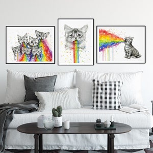 Regenbogen Puking Cats, Katzen Wandkunst, Katzen Kunstdrucke, Katze Poster Set, Regenbogen Puke, Lustige Katzenkunst, Katzen Geschenke, Kätzchen Puking Rainbows Art Prints