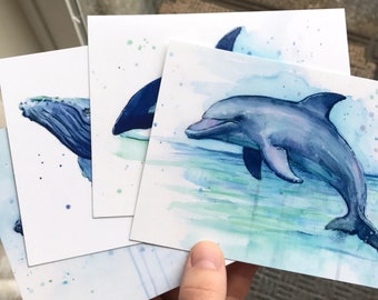 Postcards Set, Watercolor Cards, Sea Creatures, Dolphin Cards, Whales Card, Humpback Art, Orca Postcards, Animal Postcards, Whales, Set of 4