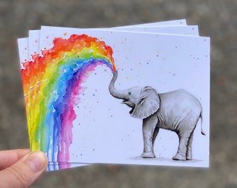 Postcards for Kids, Elephant Cards, Baby Elephant Cards, Elephant Stationery, Animals, Whimsical Animals, Rainbow Cards, Watercolor Postcard