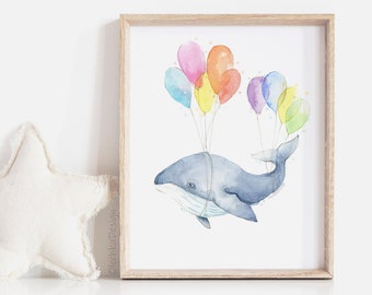 Whale Art Print, Whale Print, Whale Nursery Art, Whale Nursery Decor, Nautical, Sea Creatures, Whale with Balloons,Animals with Balloons Art