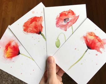 Poppy Flower Postcards Set, Postcards, Poppies Watercolor Cards, Floral Cards, Art Print Cards, Watercolor Poppies, Poppy Art, Set of 4