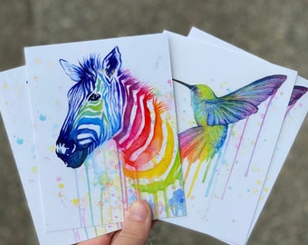 Rainbow Postcards, Postcard Set, Zebra, Hummingbird, Rainbow Cards, Whimsical Funny Animal Cards, Colorful Postcards, Set of 4 Postcards