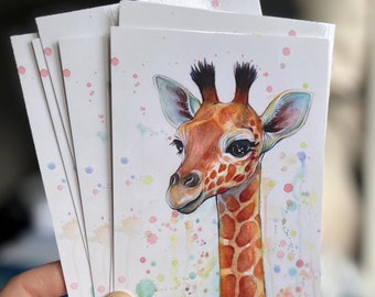 Baby Giraffe Watercolor Art Postcards, Cute Animal Cards