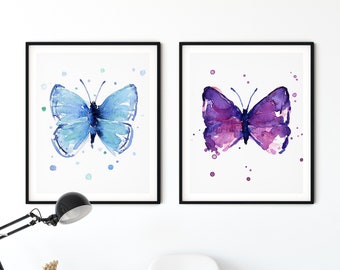 Set van 2 vlinderafdrukken, vlindermuurkunst, vlindercadeau, vlinderafdrukken, blauwe vlinder, paarse vlinder, vlinderaquarel,