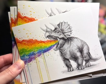 Whimsical Triceratops Rainbow Puke Postcards, Funny Dinosaur Art
