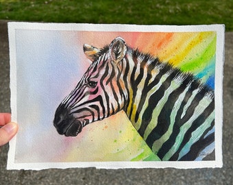 Rainbow Zebra Watercolor Painting, Original Watercolor Art, Colorful Zebra Art, Rainbow Animal Art, Rainbow Painting