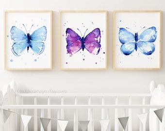 Vlinderafdrukken, vlinderprintset, vlinderkunst, aquarel vlinder schilderij, blauwe vlinder, paarse vlinder, kinderkamerkunst, set van 3
