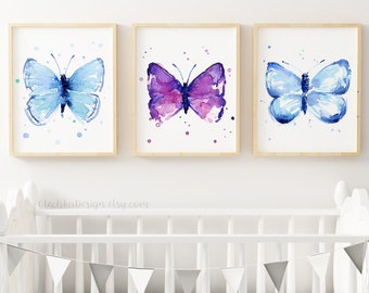 Butterfly Prints, Butterfly Print Set, Butterfly Art, Watercolor Butterfly Painting, Blue Butterfly, Purple Butterfly, Nursery Art, Set of 3