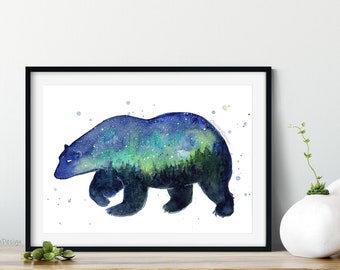 Polar Bear Art, Northern Lights Art, Galaxy Gift, Galaxy Forest Silhouette, Animal Watercolor Galaxy Print, Ursa Major, Constellation Art