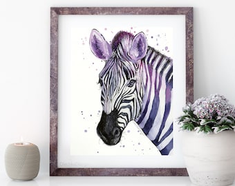 Colorful Zebra Watercolor Painting, Animal Art Print