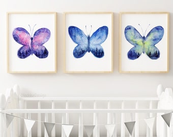 Butterfly Prints, Nursery Decor Set, Galaxy Prints, Butterfly Art, Watercolor Prints, Celestial, Blue Purple Pink, Nursery Art, Set of 3