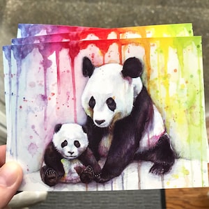 Postkarten für Kinder, Regenbogen Postkarten Set, Panda Postkarten, Mama und Baby Karten Bunte Postkarten Süße Pandas Aquarell Druck - 5er Set