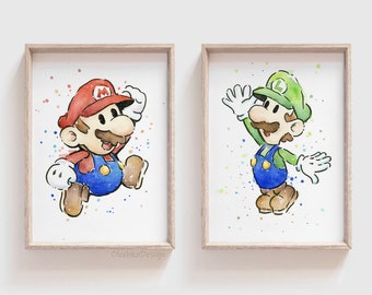 Mario Art Prints, Mario and Luigi Art, Video Game Art, Mario Painting, Mario Print, Watercolor Prints, Gaming Art, Gamer Gift, Geek Art