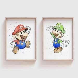 Mario Art Prints, Mario and Luigi Art, Video Game Art, Mario Painting, Mario Print, Watercolor Prints, Gaming Art, Gamer Gift, Geek Art