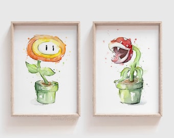 Mario Watercolor Art Prints, Piranha Plant and Fire Flower, Gamer Gift, Set of 2
