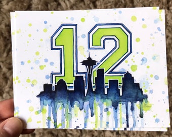 Seahawks 12th Man Watercolor Postcards, Seattle Fan Art