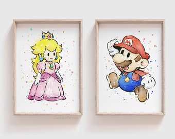 Mario Art Prints, Video Game Art, Mario Painting, Watercolor Mario Art, Gaming Art, Gamer Gift, Geek Art, Videogame Gift, Princess Peach Art