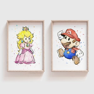 Mario Art Prints, Video Game Art, Mario Painting, Watercolor Mario Art, Gaming Art, Gamer Gift, Geek Art, Videogame Gift, Princess Peach Art