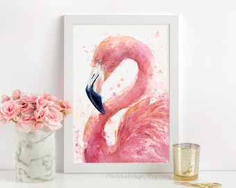 Pink Flamingo Watercolor Painting, Flamingo Art Print, Flamingo Wall Art, Bird Wall Art, Flamingo Home Decor, Tropical Pink Flamingo, Giclee