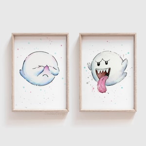 Boo Mario Art Prints, Video Game Art, Boo Ghost, Watercolor Mario Art, Gaming Art, Gamer Gift, Geek Art, Gamer Gift, Set of 2 Prints