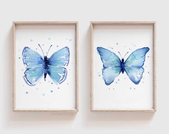 Blue Butterfly Watercolor Art Prints, Set of 2