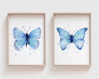 Butterfly Print Set, Blue Butterflies, Blue Butterfly Art, Butterfly Wall Art, Butterfly Painting, Watercolor Butterflies, Set of 2 Prints