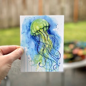Postales de medusas, conjunto de postales, arte de medusas, pintura de medusas, pintura de acuarela, criaturas marinas, postales de acuarela, arte colorido