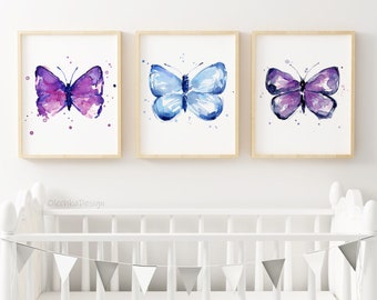 Schmetterling Kunstdrucke, Schmetterling Druck Set, Schmetterling Wandkunst, Aquarell Schmetterlinge, Blauer Schmetterling, Lila Schmetterling, Kinderzimmer, 3er Set