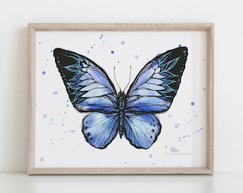 Blue Butterfly Watercolor, Butterfly Art Print, Tribal Butterfly Art, Butterfly Painting, Blue Butterflies, Animal Watercolor Giclee Print