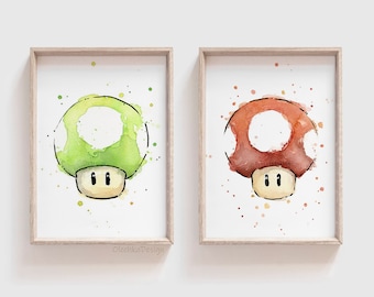 Mushroom Painting Art Print, Videogame Art, Mario Fan Art, Mario 1UP Mushroom, Green and Red Mushroom Prints, Set of 2 Prints, Gaming Art