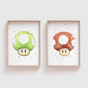 Mushroom Painting Art Print, Videogame Art, Mario Fan Art, Mario 1UP Mushroom, Green and Red Mushroom Prints, Set of 2 Prints, Gaming Art