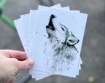 Wolf Postcards, Watercolor Postcards, Howling Wolf Art, Wolf Watercolor, Wolf Gift, Animal Postcards, Watercolor Postcards