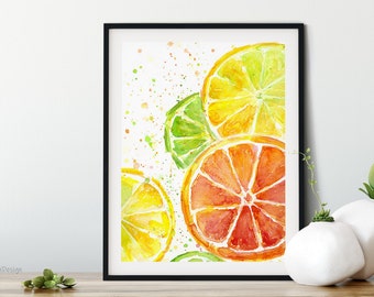 Citrus Fruit Watercolor, Art Print, Food Painting, Lime, Oranges, Lemons, Kitchen Decor, Juicy, Colorful Painting, Green Yellow Orange