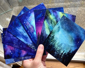 Juego de postales de galaxia, juego de 8 postales, postales navideñas, juego de postales, postales de galaxia, acuarela celestial, regalo del zodíaco, colorido