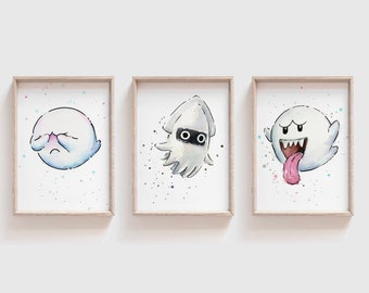 Boo and Blooper Watercolor Prints, Mario Fan Art Set